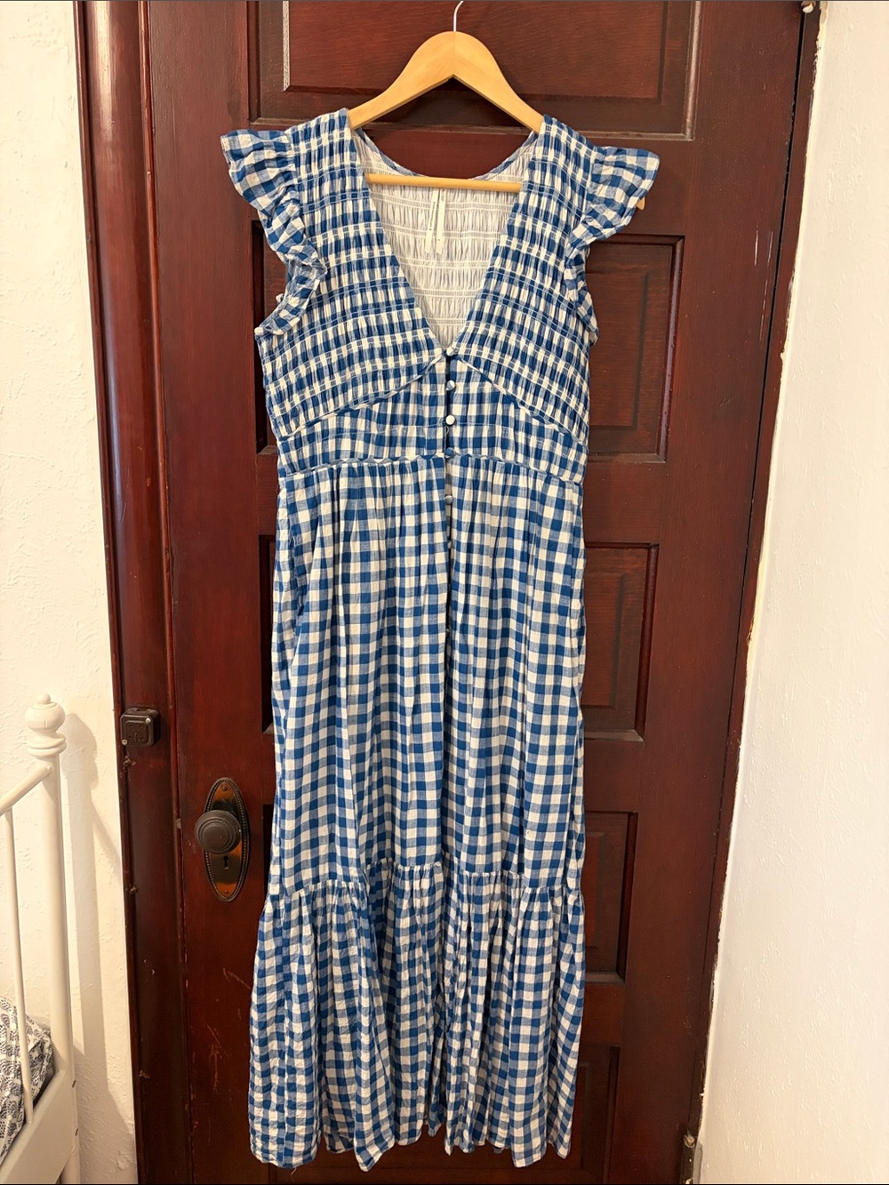 Anthropologie Blue and White Gingham Maxi Dress